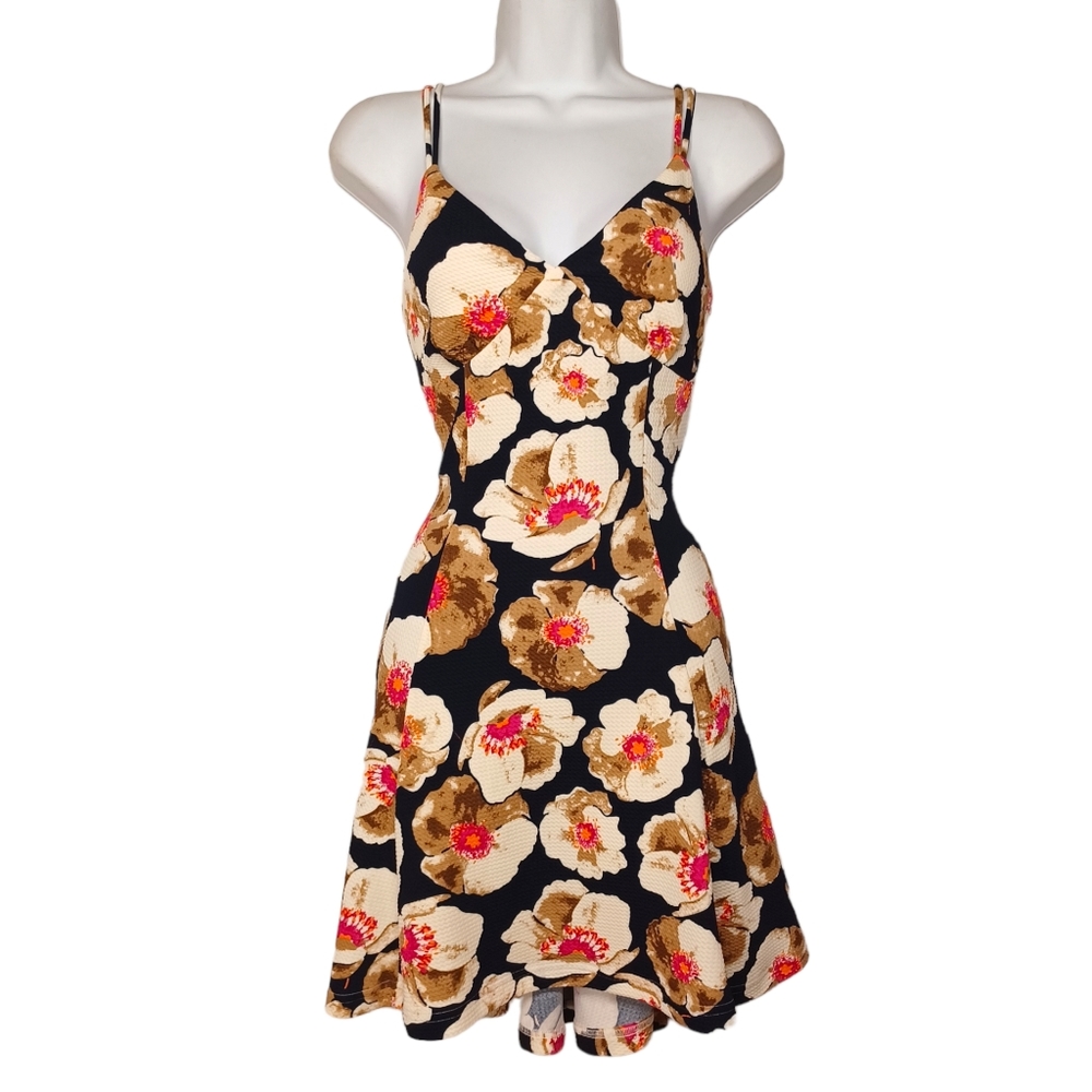 PAPAYA Navy Blue Pink Tan Floral Print Open Back Sleeveless A-Line Dress S NWT